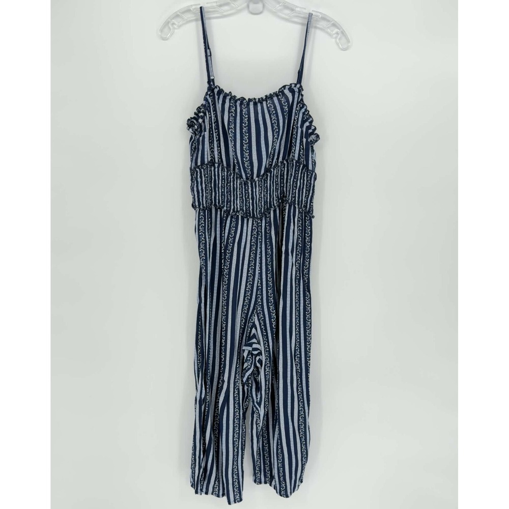 Hint of Blush Women's Blue Striped Floral Smocked‎ Ruffle Jumpsuit Size L